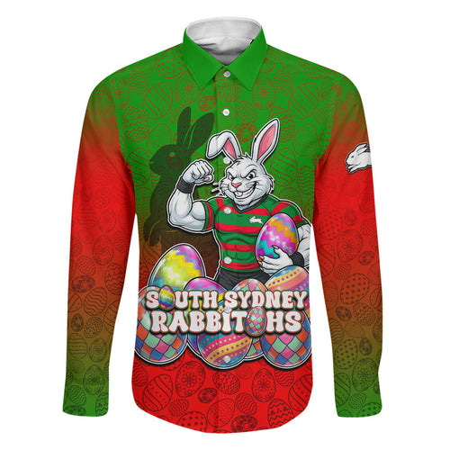 Personalized South Sydney Rabbitohs Family Matching Off Shoulder Maxi Dress and Hawaiian Shirt Easter Mascot - Colorful Eggs Cartoon Style
