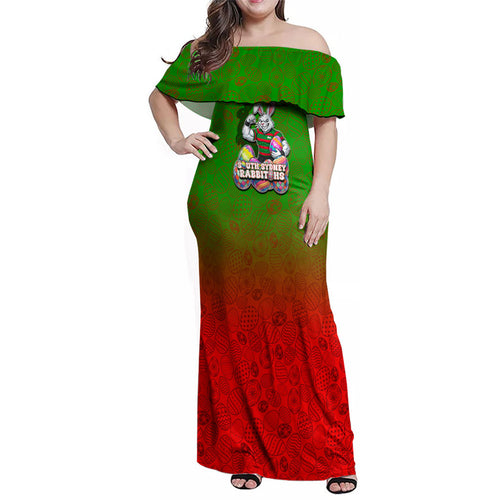Personalized South Sydney Rabbitohs Family Matching Off Shoulder Maxi Dress and Hawaiian Shirt Easter Mascot - Colorful Eggs Cartoon Style