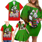 Personalized South Sydney Rabbitohs Family Matching Off Shoulder Short Dress and Hawaiian Shirt Easter Mascot - Colorful Eggs Cartoon Style