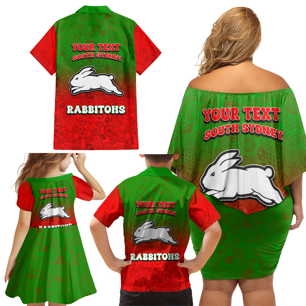Personalized South Sydney Rabbitohs Family Matching Off Shoulder Short Dress and Hawaiian Shirt Easter Mascot - Colorful Eggs Cartoon Style