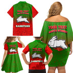 Personalized South Sydney Rabbitohs Family Matching Off Shoulder Short Dress and Hawaiian Shirt Easter Mascot - Colorful Eggs Cartoon Style