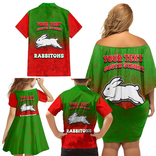 Personalized South Sydney Rabbitohs Family Matching Off Shoulder Short Dress and Hawaiian Shirt Easter Mascot - Colorful Eggs Cartoon Style