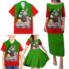 Personalized South Sydney Rabbitohs Family Matching Puletasi and Hawaiian Shirt Easter Mascot - Colorful Eggs Cartoon Style