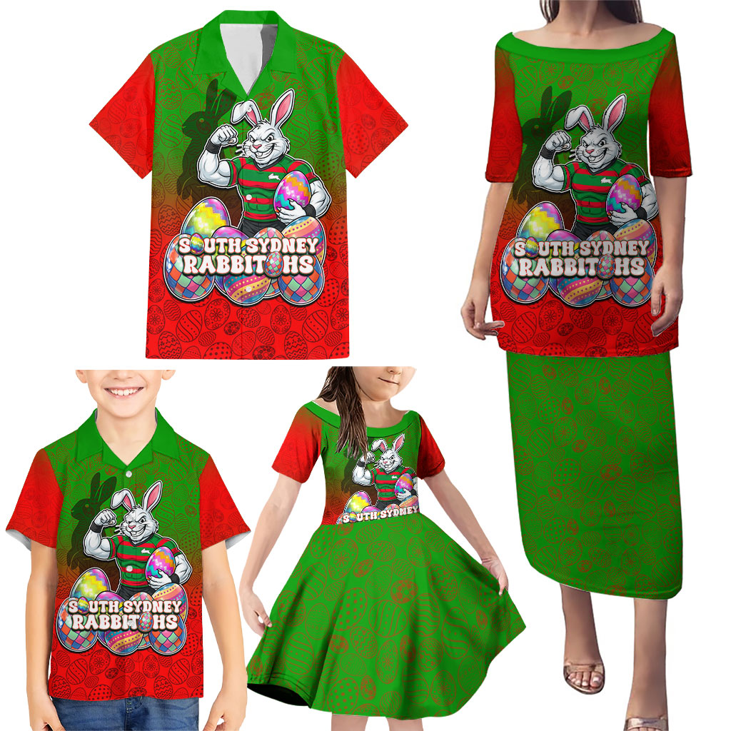 Personalized South Sydney Rabbitohs Family Matching Puletasi and Hawaiian Shirt Easter Mascot - Colorful Eggs Cartoon Style