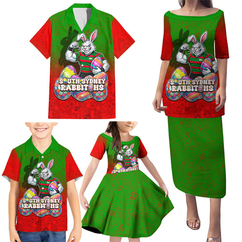Personalized South Sydney Rabbitohs Family Matching Puletasi and Hawaiian Shirt Easter Mascot - Colorful Eggs Cartoon Style