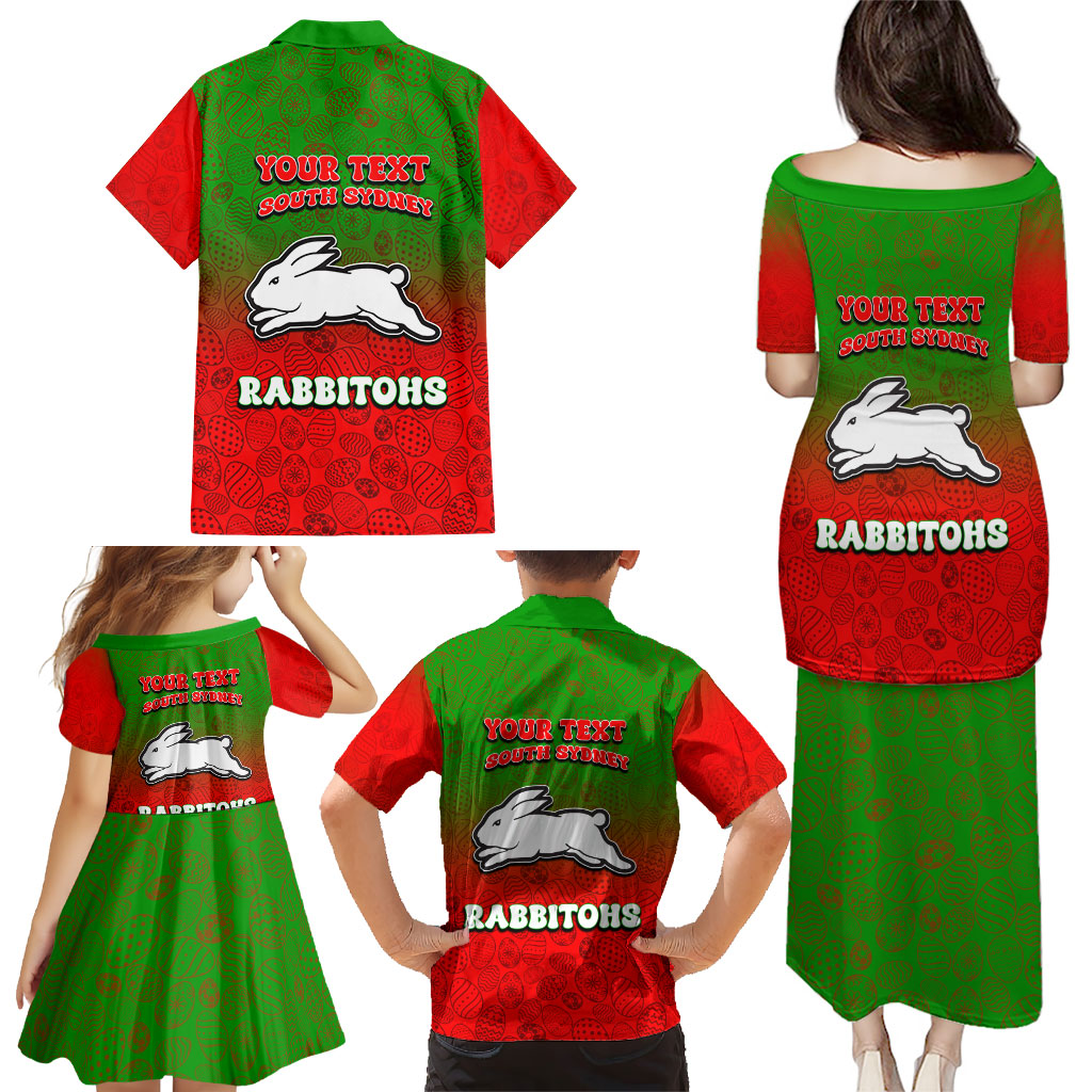 Personalized South Sydney Rabbitohs Family Matching Puletasi and Hawaiian Shirt Easter Mascot - Colorful Eggs Cartoon Style