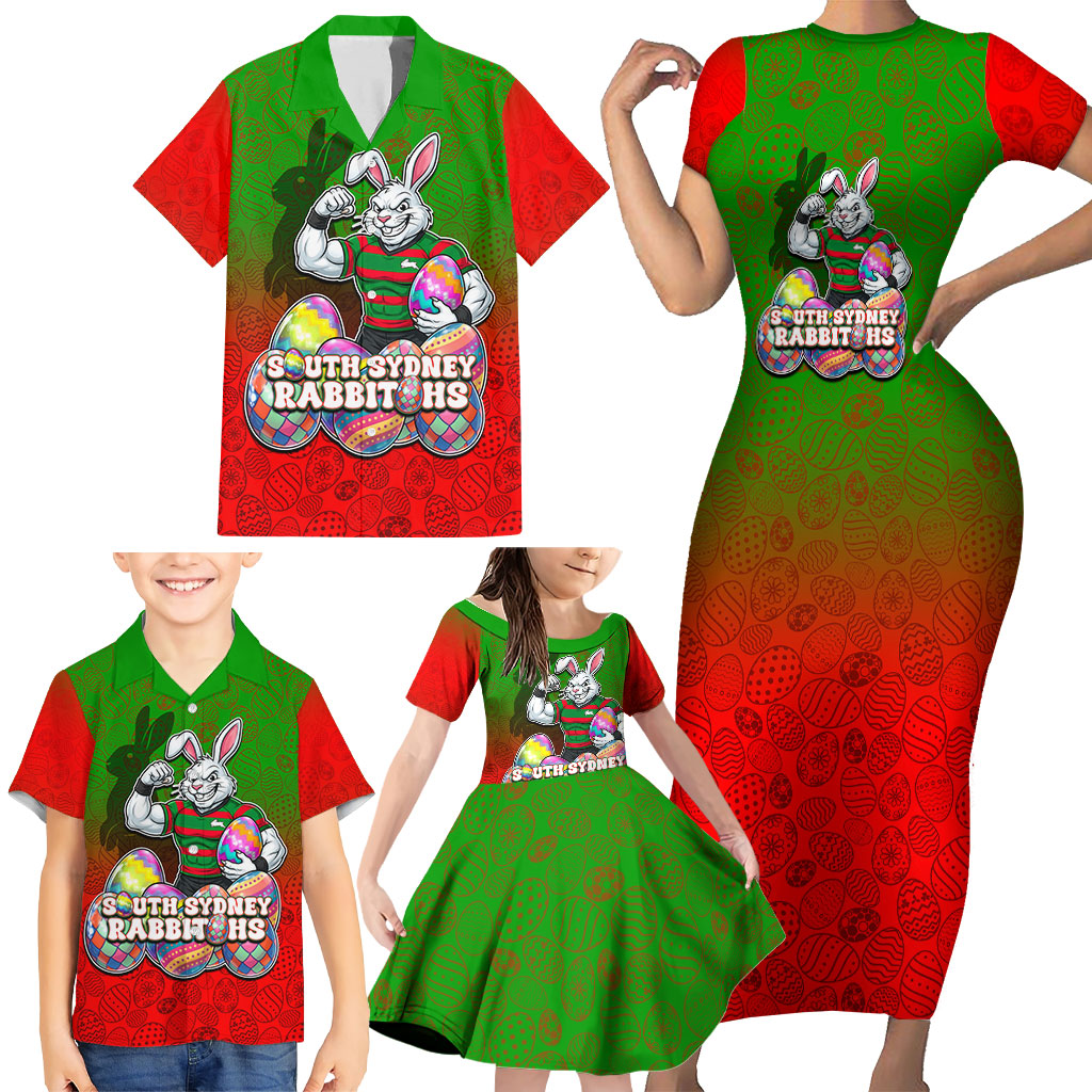 Personalized South Sydney Rabbitohs Family Matching Short Sleeve Bodycon Dress and Hawaiian Shirt Easter Mascot - Colorful Eggs Cartoon Style