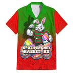 Personalized South Sydney Rabbitohs Family Matching Short Sleeve Bodycon Dress and Hawaiian Shirt Easter Mascot - Colorful Eggs Cartoon Style
