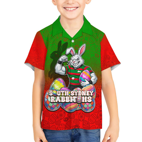 Personalized South Sydney Rabbitohs Family Matching Short Sleeve Bodycon Dress and Hawaiian Shirt Easter Mascot - Colorful Eggs Cartoon Style