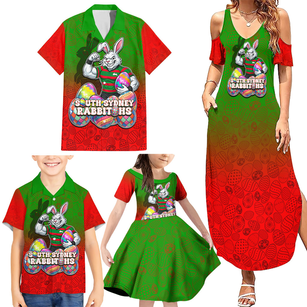 Personalized South Sydney Rabbitohs Family Matching Summer Maxi Dress and Hawaiian Shirt Easter Mascot - Colorful Eggs Cartoon Style
