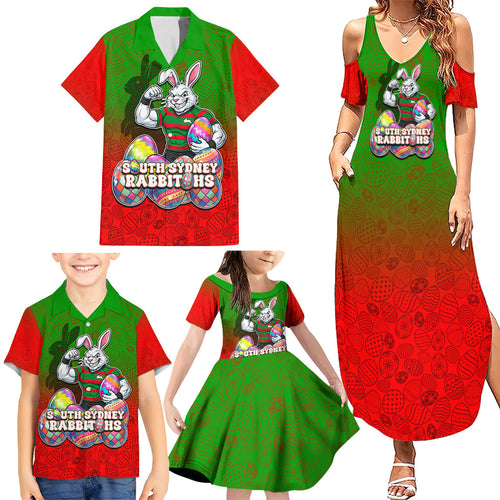 Personalized South Sydney Rabbitohs Family Matching Summer Maxi Dress and Hawaiian Shirt Easter Mascot - Colorful Eggs Cartoon Style