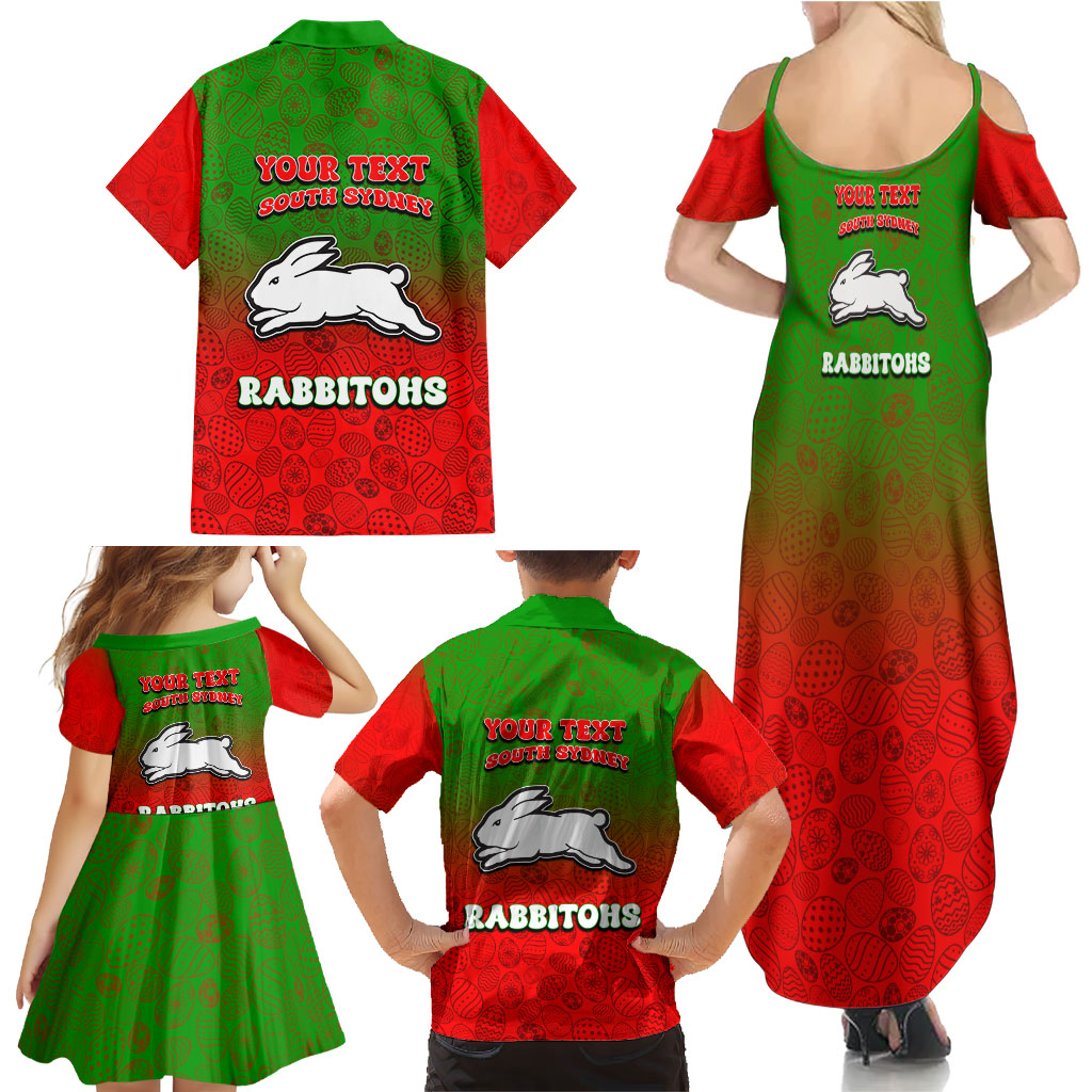 Personalized South Sydney Rabbitohs Family Matching Summer Maxi Dress and Hawaiian Shirt Easter Mascot - Colorful Eggs Cartoon Style