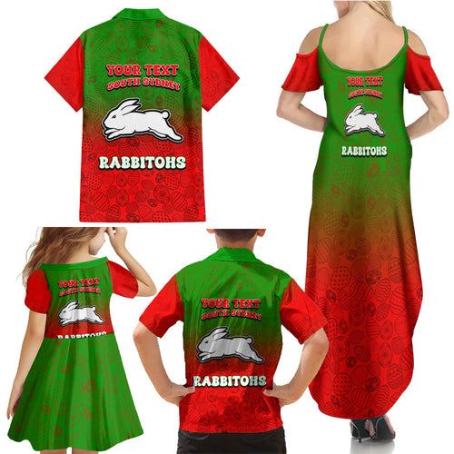 Personalized South Sydney Rabbitohs Family Matching Summer Maxi Dress and Hawaiian Shirt Easter Mascot - Colorful Eggs Cartoon Style