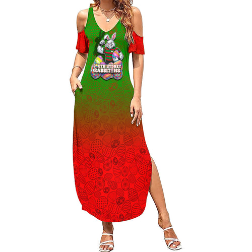 Personalized South Sydney Rabbitohs Family Matching Summer Maxi Dress and Hawaiian Shirt Easter Mascot - Colorful Eggs Cartoon Style