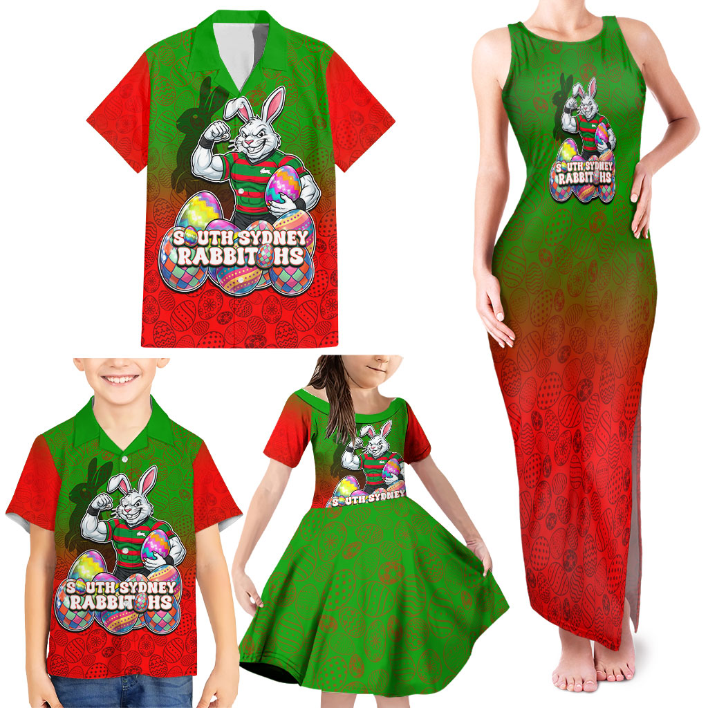 Personalized South Sydney Rabbitohs Family Matching Tank Maxi Dress and Hawaiian Shirt Easter Mascot - Colorful Eggs Cartoon Style