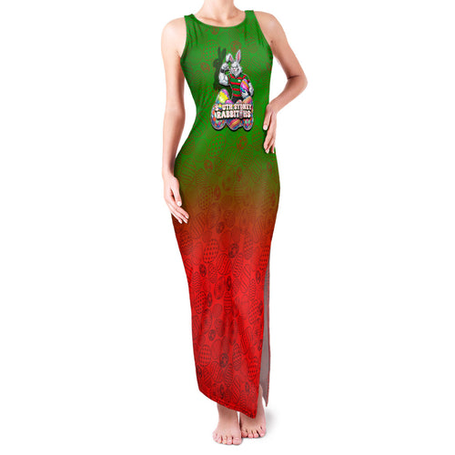 Personalized South Sydney Rabbitohs Family Matching Tank Maxi Dress and Hawaiian Shirt Easter Mascot - Colorful Eggs Cartoon Style