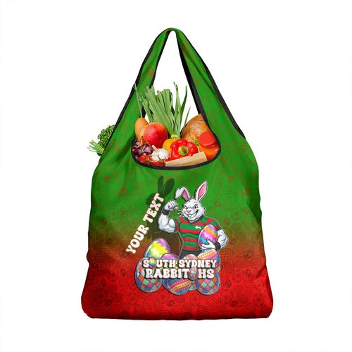 Personalized South Sydney Rabbitohs Grocery Bag Easter Mascot - Colorful Eggs Cartoon Style