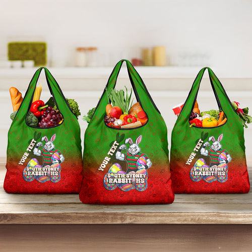 Personalized South Sydney Rabbitohs Grocery Bag Easter Mascot - Colorful Eggs Cartoon Style
