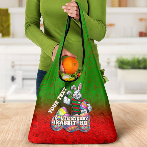 Personalized South Sydney Rabbitohs Grocery Bag Easter Mascot - Colorful Eggs Cartoon Style