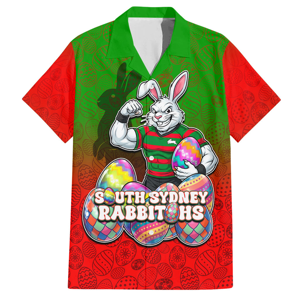 Personalized South Sydney Rabbitohs Hawaiian Shirt Easter Mascot - Colorful Eggs Cartoon Style