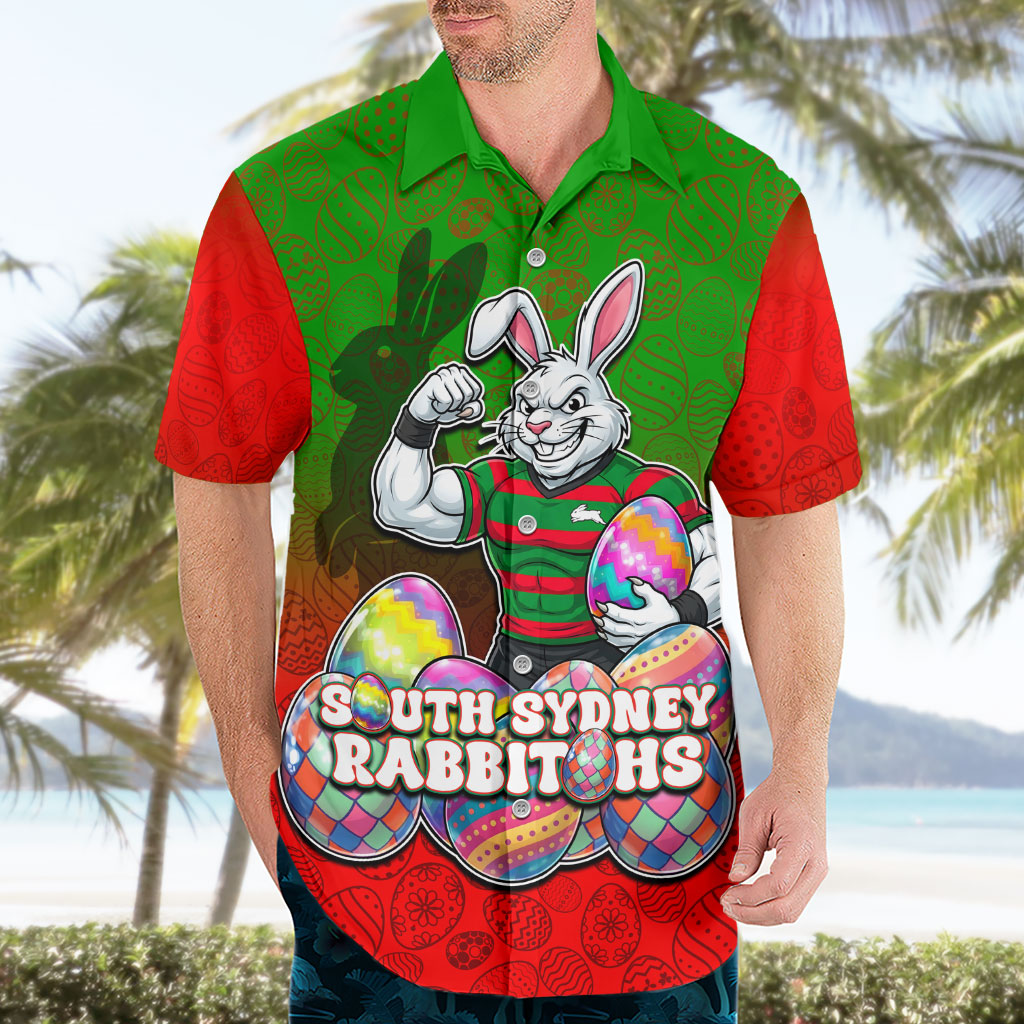Personalized South Sydney Rabbitohs Hawaiian Shirt Easter Mascot - Colorful Eggs Cartoon Style