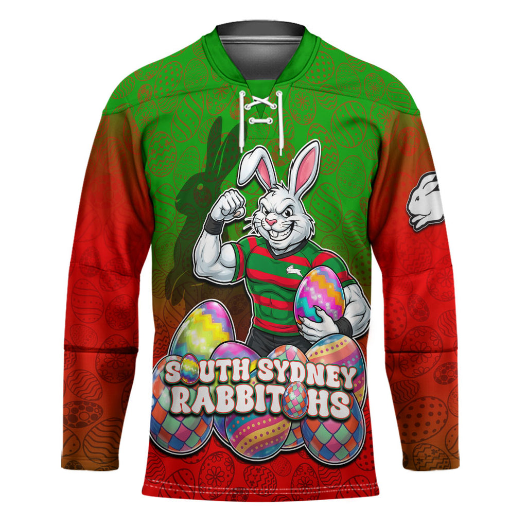 Personalized South Sydney Rabbitohs Hockey Jersey Easter Mascot - Colorful Eggs Cartoon Style