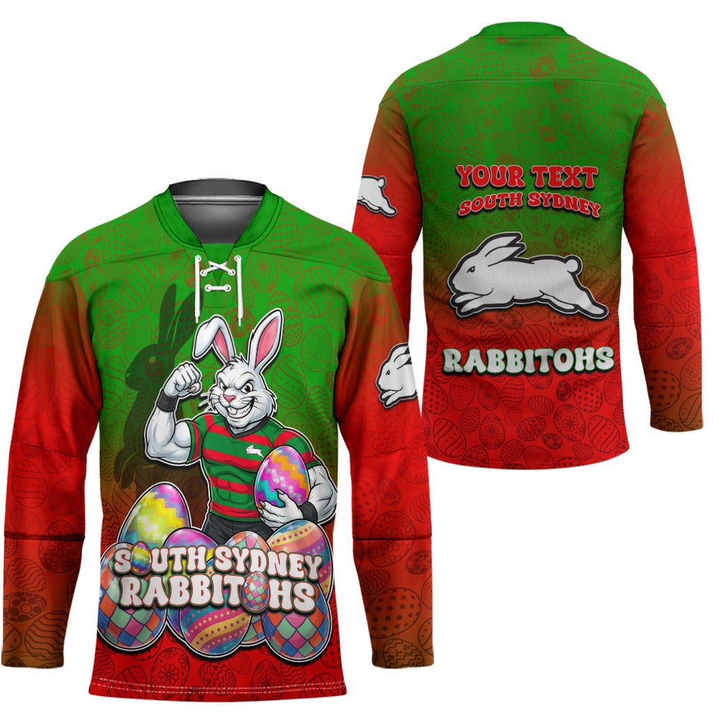 Personalized South Sydney Rabbitohs Hockey Jersey Easter Mascot - Colorful Eggs Cartoon Style