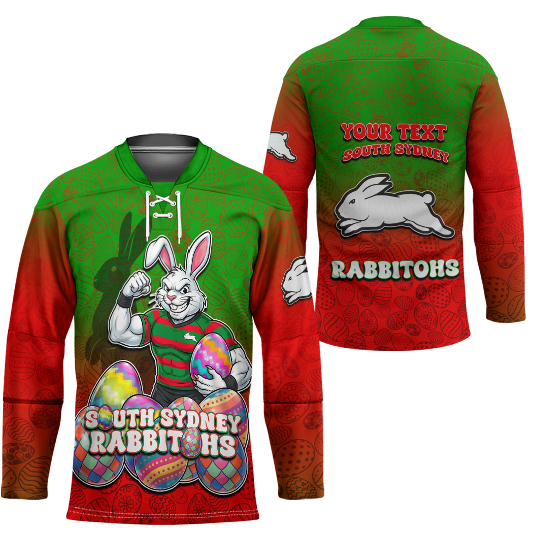 Personalized South Sydney Rabbitohs Hockey Jersey Easter Mascot - Colorful Eggs Cartoon Style