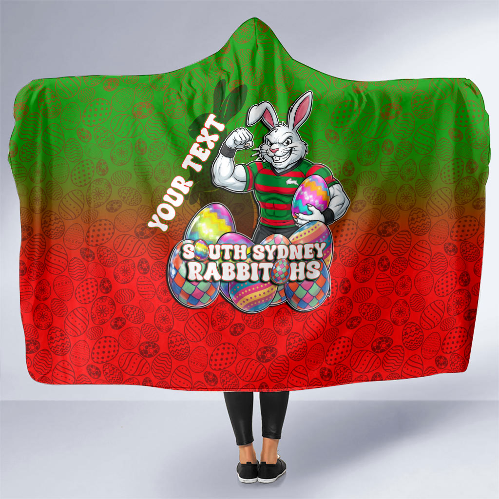 Personalized South Sydney Rabbitohs Hooded Blanket Easter Mascot - Colorful Eggs Cartoon Style