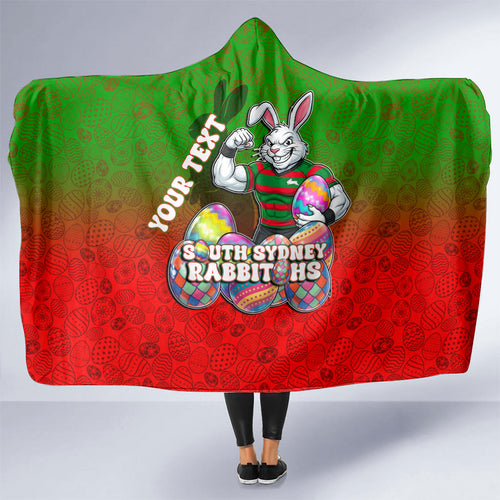 Personalized South Sydney Rabbitohs Hooded Blanket Easter Mascot - Colorful Eggs Cartoon Style