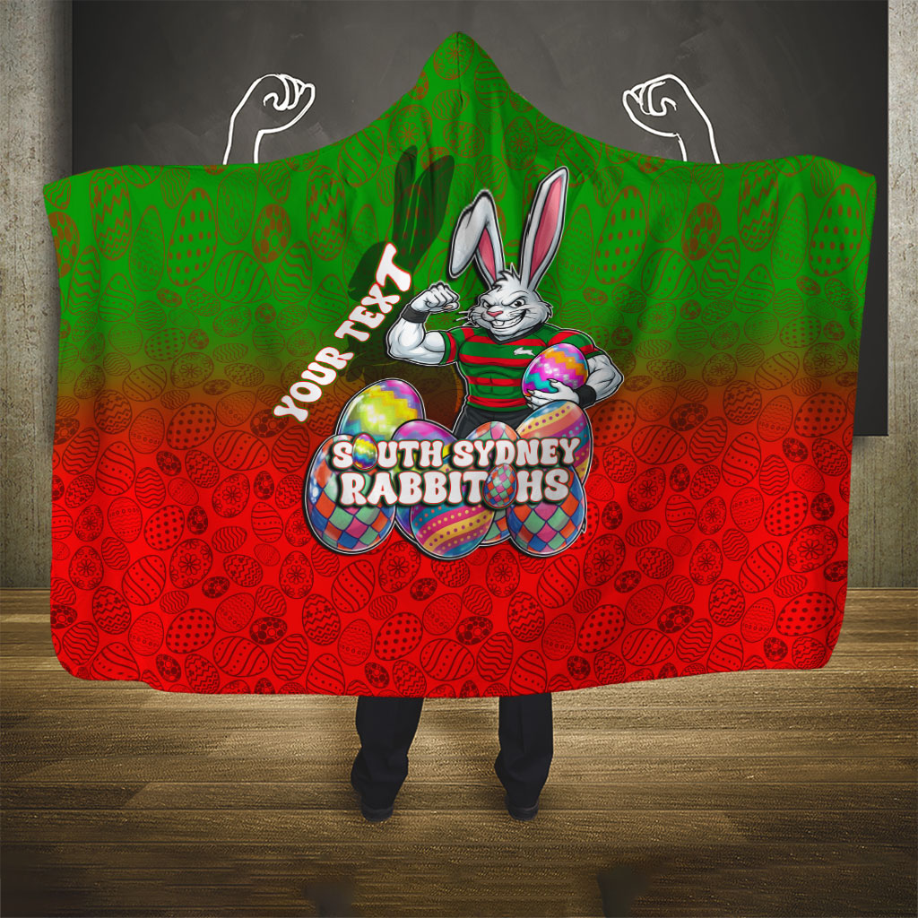 Personalized South Sydney Rabbitohs Hooded Blanket Easter Mascot - Colorful Eggs Cartoon Style