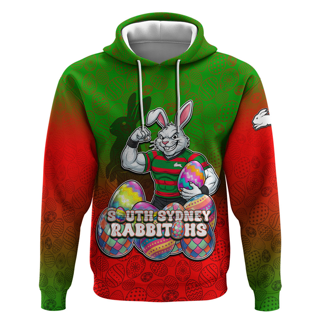 Personalized South Sydney Rabbitohs Hoodie Easter Mascot - Colorful Eggs Cartoon Style