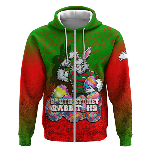 Personalized South Sydney Rabbitohs Hoodie Easter Mascot - Colorful Eggs Cartoon Style