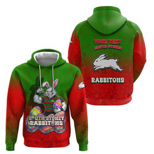 Personalized South Sydney Rabbitohs Hoodie Easter Mascot - Colorful Eggs Cartoon Style