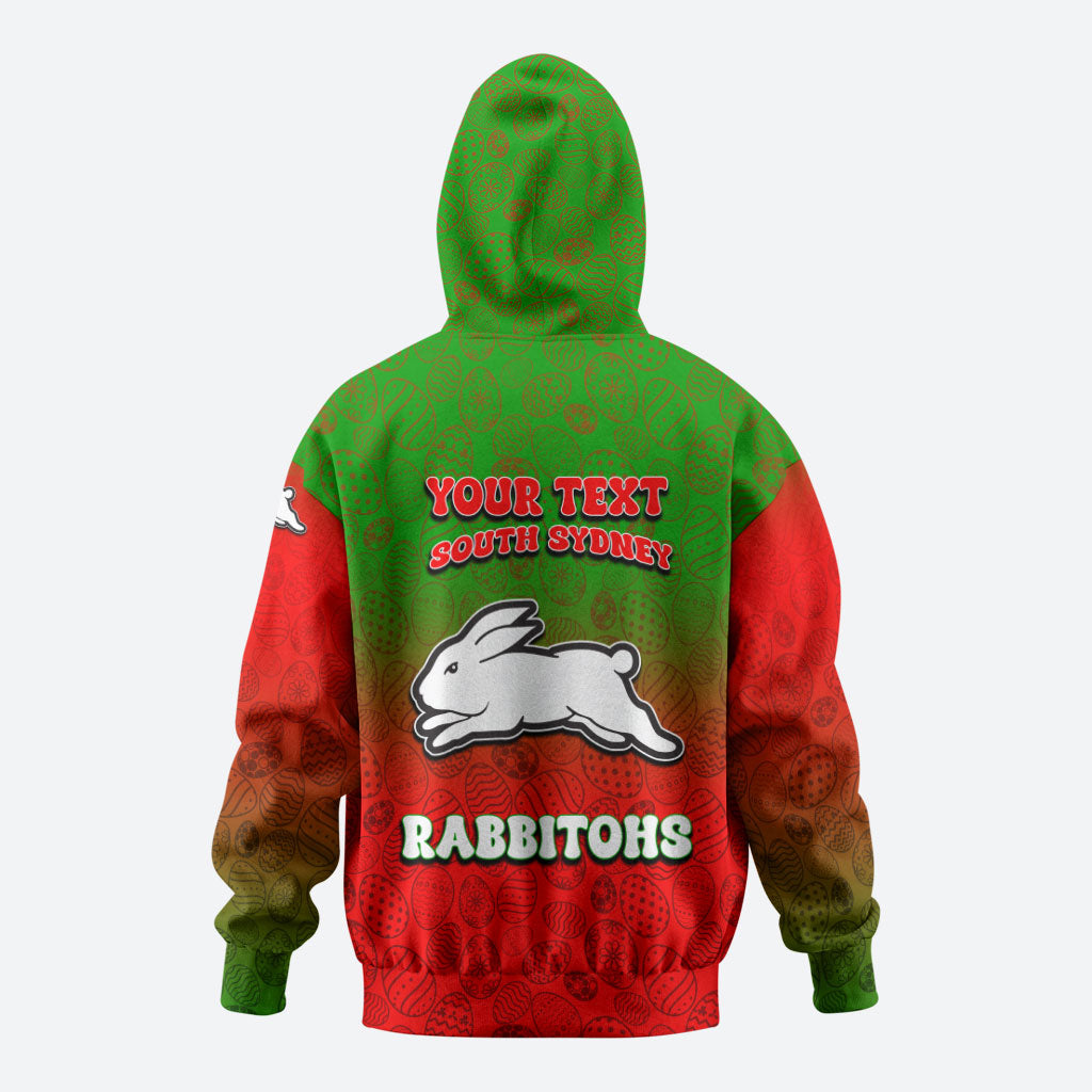 Personalized South Sydney Rabbitohs Hoodie Easter Mascot - Colorful Eggs Cartoon Style