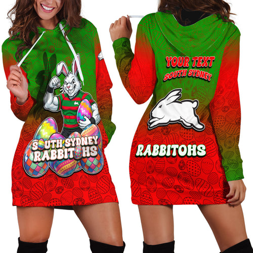 Personalized South Sydney Rabbitohs Hoodie Dress Easter Mascot - Colorful Eggs Cartoon Style