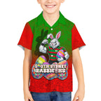 Personalized South Sydney Rabbitohs Kid Hawaiian Shirt Easter Mascot - Colorful Eggs Cartoon Style