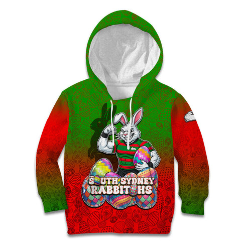 Personalized South Sydney Rabbitohs Kid Hoodie Easter Mascot - Colorful Eggs Cartoon Style