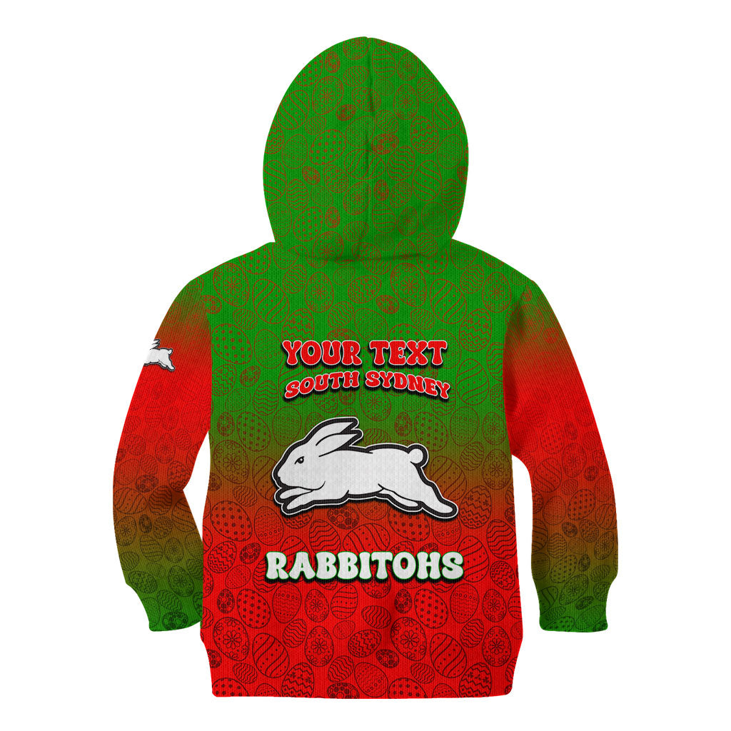 Personalized South Sydney Rabbitohs Kid Hoodie Easter Mascot - Colorful Eggs Cartoon Style