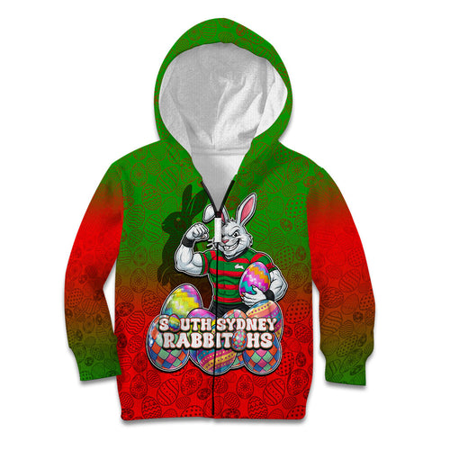 Personalized South Sydney Rabbitohs Kid Hoodie Easter Mascot - Colorful Eggs Cartoon Style