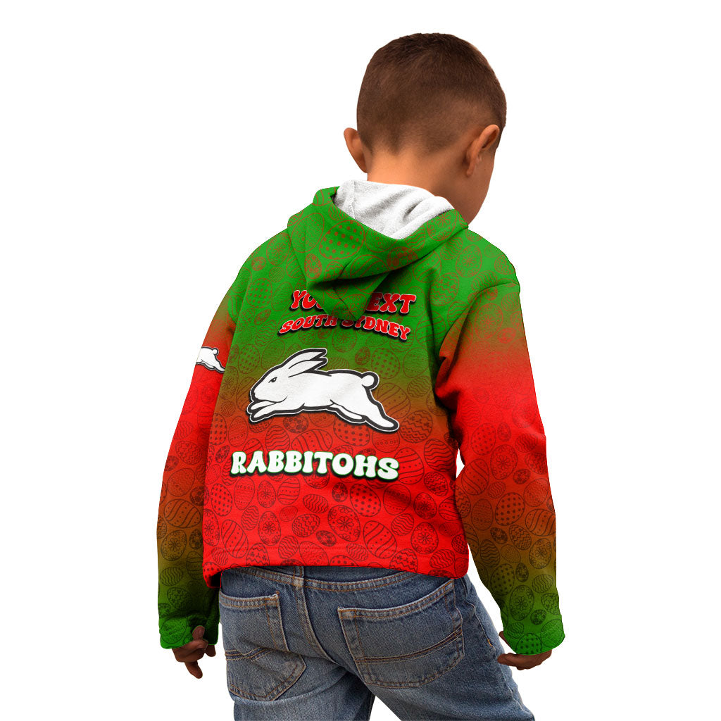Personalized South Sydney Rabbitohs Kid Hoodie Easter Mascot - Colorful Eggs Cartoon Style