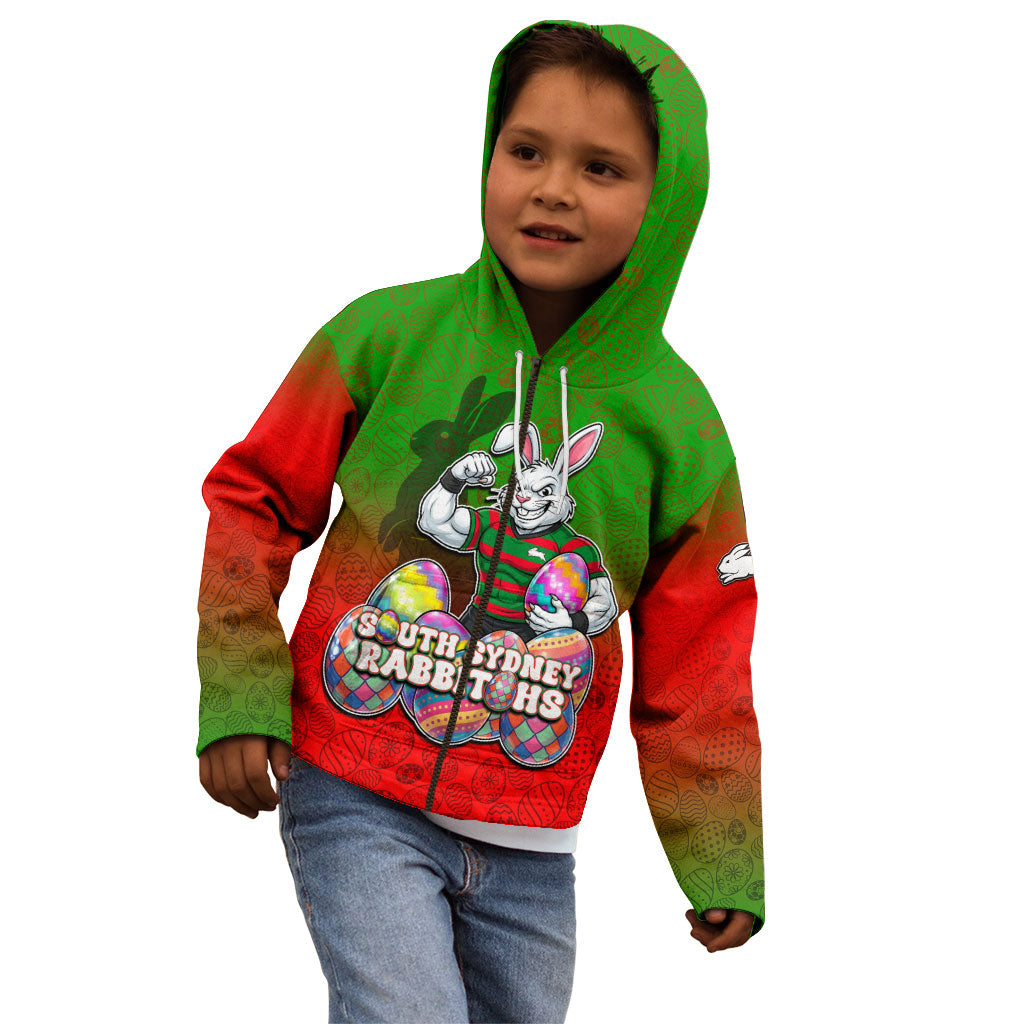 Personalized South Sydney Rabbitohs Kid Hoodie Easter Mascot - Colorful Eggs Cartoon Style