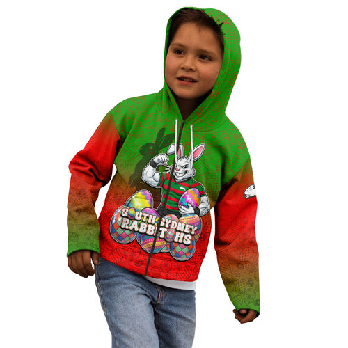 Personalized South Sydney Rabbitohs Kid Hoodie Easter Mascot - Colorful Eggs Cartoon Style