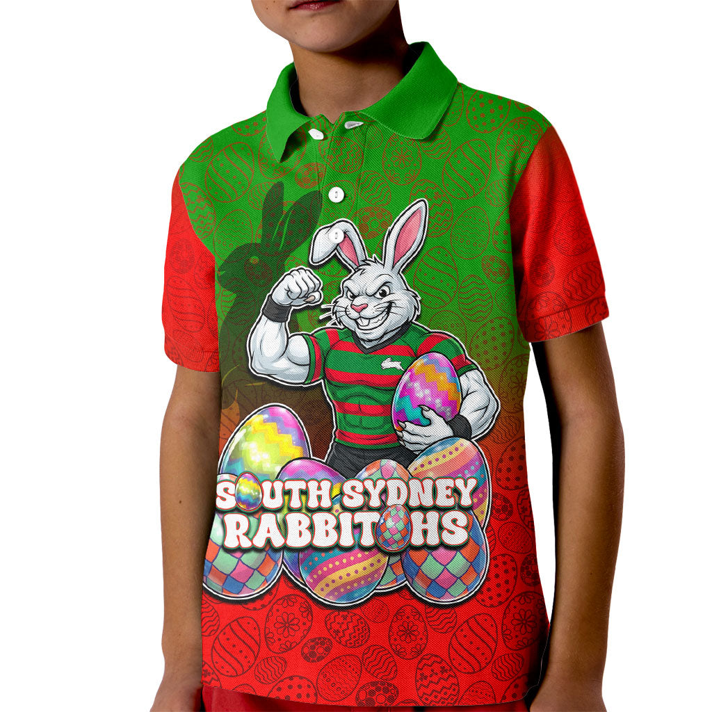 Personalized South Sydney Rabbitohs Kid Polo Shirt Easter Mascot - Colorful Eggs Cartoon Style