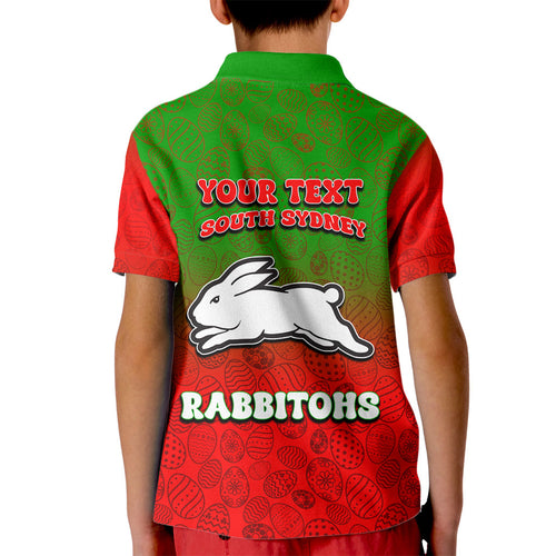 Personalized South Sydney Rabbitohs Kid Polo Shirt Easter Mascot - Colorful Eggs Cartoon Style