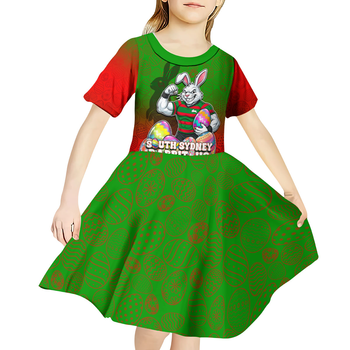 Personalized South Sydney Rabbitohs Kid Short Sleeve Dress Easter Mascot - Colorful Eggs Cartoon Style