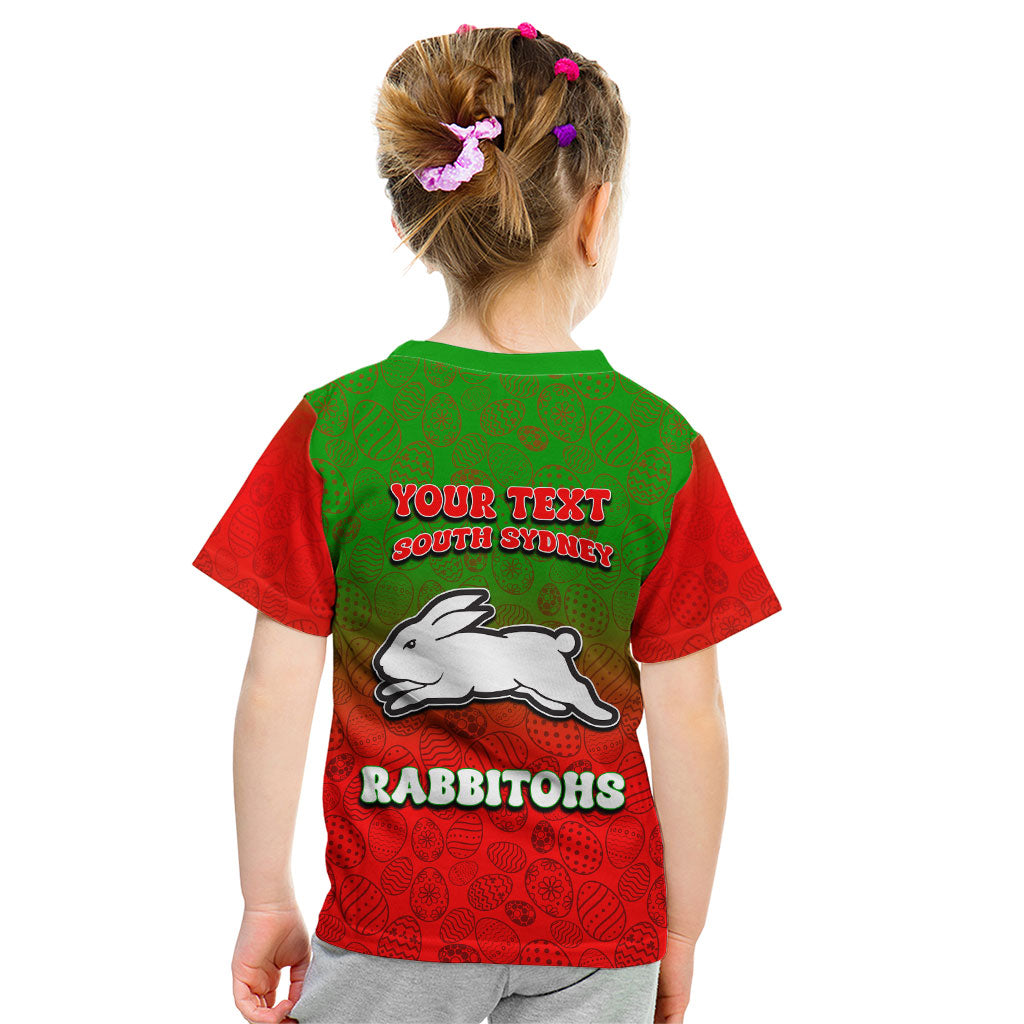 Personalized South Sydney Rabbitohs Kid T Shirt Easter Mascot - Colorful Eggs Cartoon Style