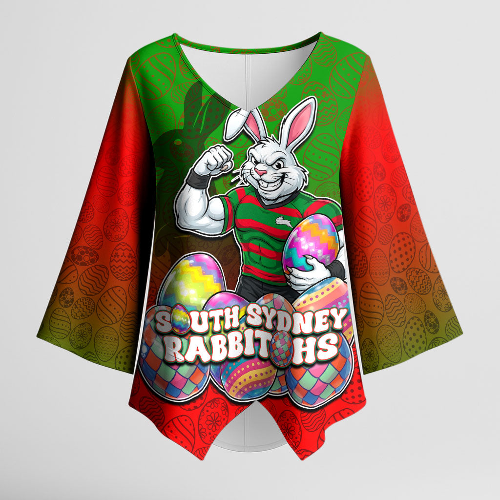 Personalized South Sydney Rabbitohs Kimono Sleeve Blouse Easter Mascot - Colorful Eggs Cartoon Style