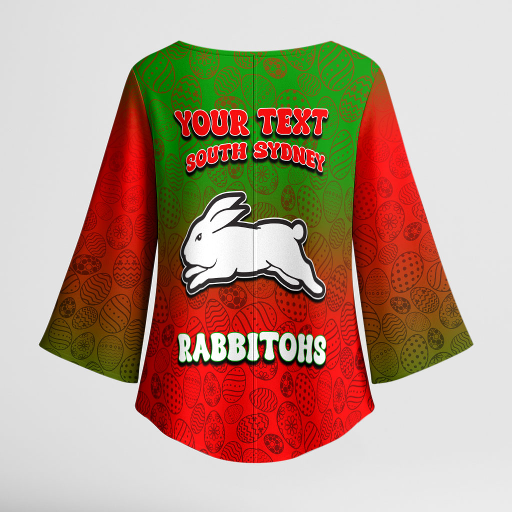 Personalized South Sydney Rabbitohs Kimono Sleeve Blouse Easter Mascot - Colorful Eggs Cartoon Style
