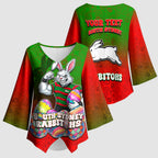 Personalized South Sydney Rabbitohs Kimono Sleeve Blouse Easter Mascot - Colorful Eggs Cartoon Style
